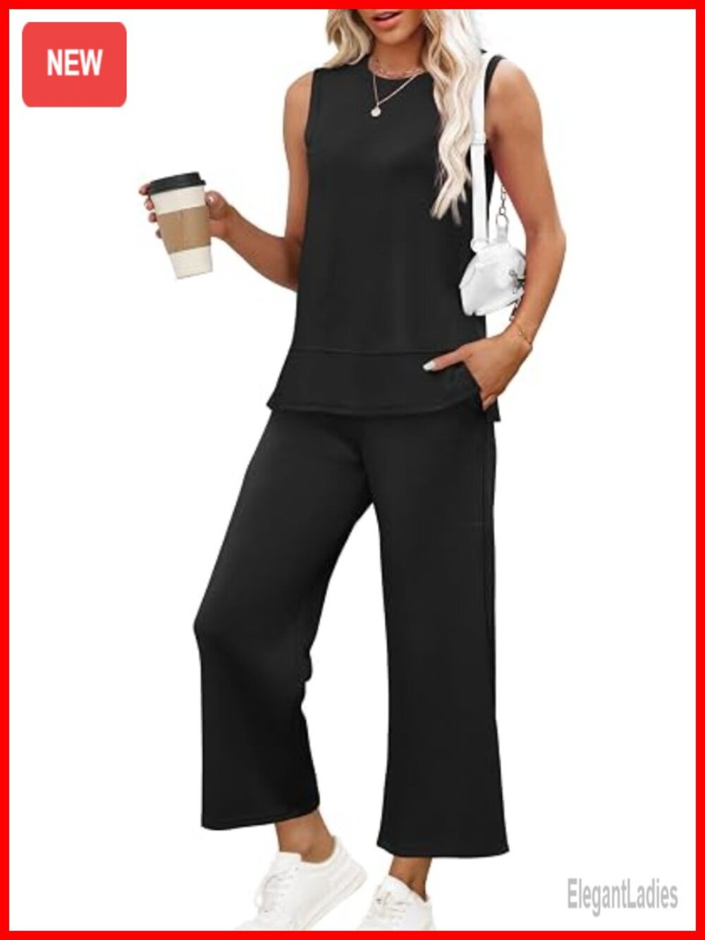 2 Piece Loungewear Set - Sleeveless Top & Wide Leg Pants Stretchy Travel Active